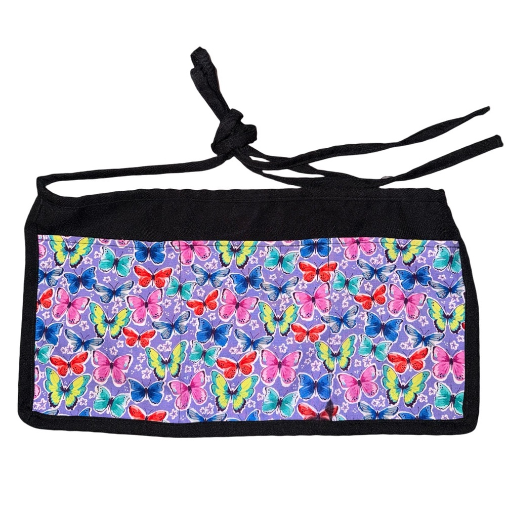 Server Apron with Colorful Butterflies on Purple Background.